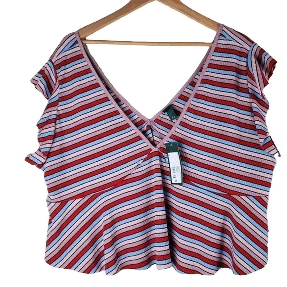 Wild Fable Crop Top Size 2X Striped Red Pink Ruffle V-Neck Festival Colorful